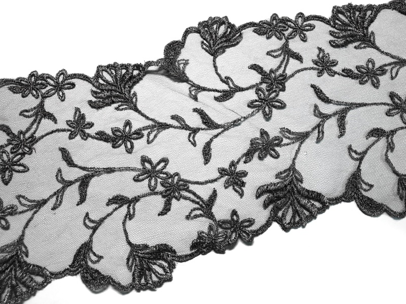 Тесьма из черного фатина с серебряной вышивкой - Sophie Hallette